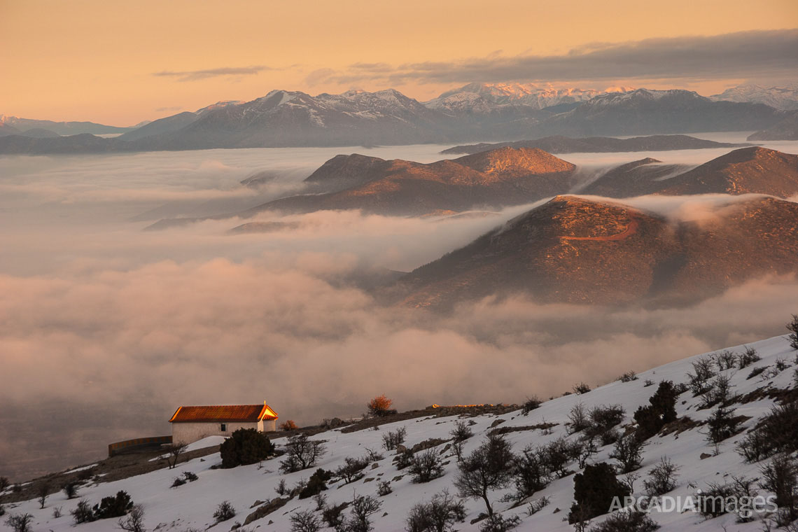 View of the Tripolis plateu from mount Parnon over Doliana village, Arcadia, Greece