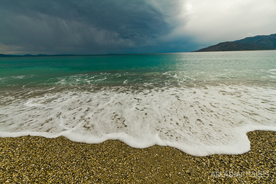Elaia beach. Messenia, Peloponnese, Greece Astros beach in stormy weather. Arcadia, Peloponnese, Greece