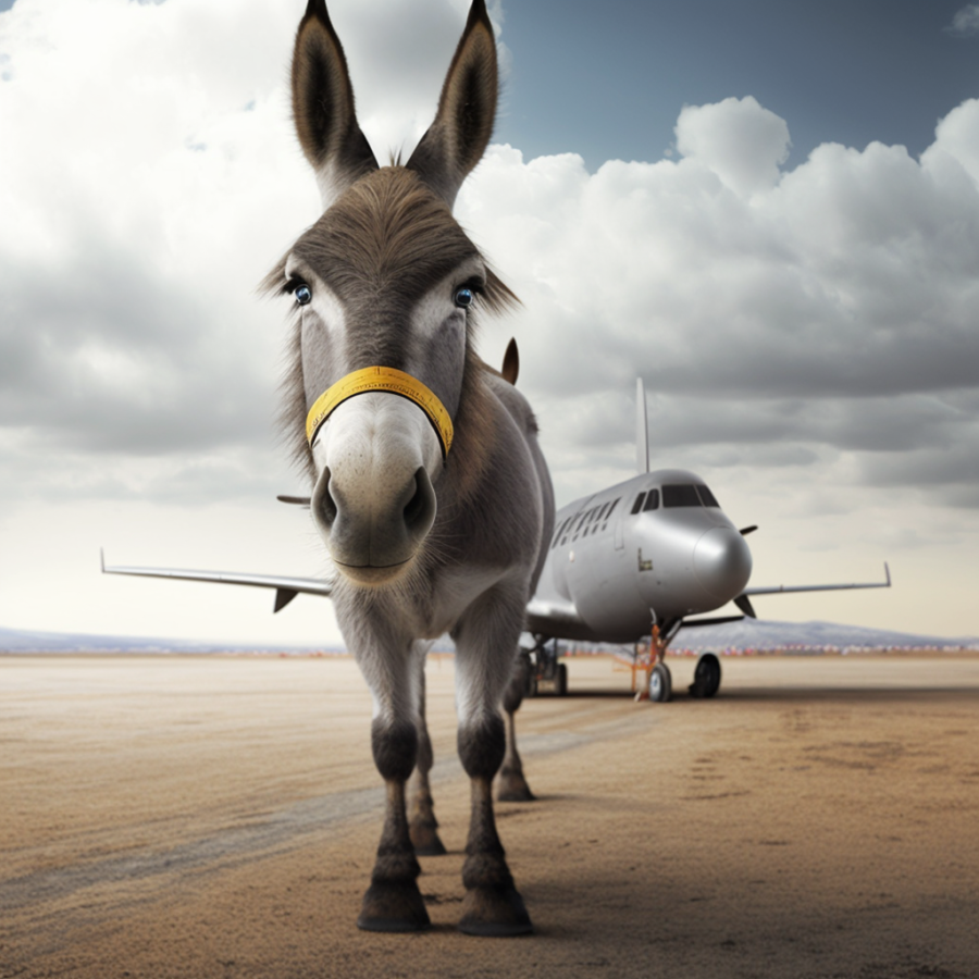 A donkey at the airport runway ready to take off!